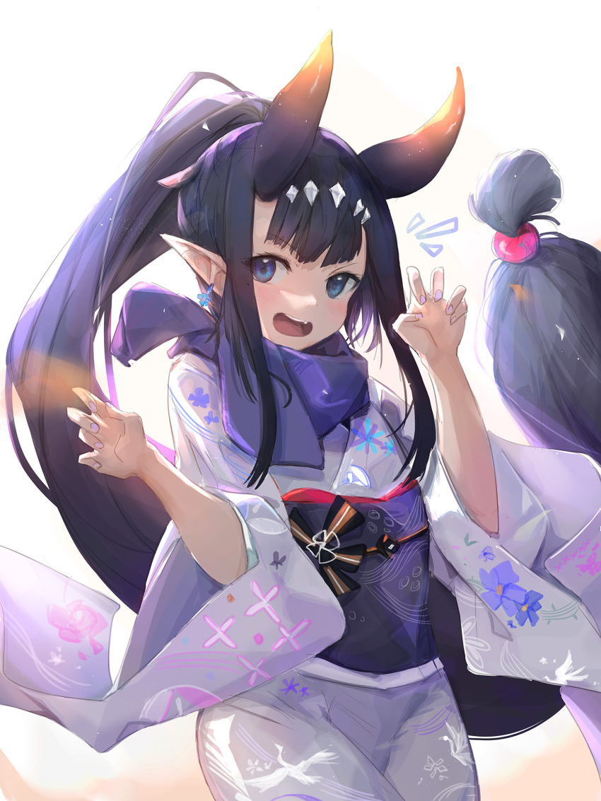 1girl black_hair blue_eyes cowboy_shot highres hololive hololive_english horns ninomae_ina'nis obi oni oni_horns open_mouth pointy_ears ponytail sash short_hair simple_background solo tallgeese_(lgeesel) white_background