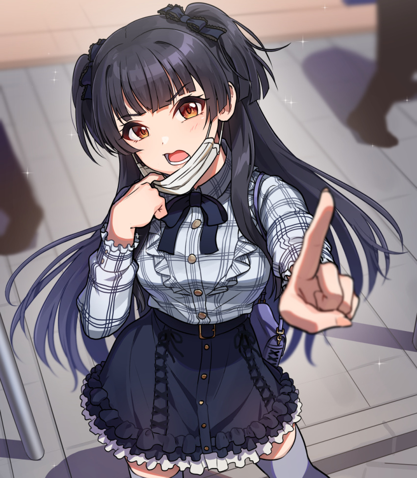 1girl black_bow black_bowtie black_hair black_ribbon black_skirt blurry blurry_background blurry_foreground bow bowtie brown_eyes collared_shirt commentary cowboy_shot depth_of_field foreshortening frilled_skirt frills frown grey_shirt grey_thighhighs hair_ribbon highres idolmaster idolmaster_shiny_colors kamille_(vcx68) long_hair looking_at_viewer mask mask_pull mayuzumi_fuyuko miniskirt mouth_mask open_mouth plaid plaid_shirt pointing pointing_at_viewer pulled_by_self ribbon shirt skirt solo sparkle standing surgical_mask thigh-highs two_side_up