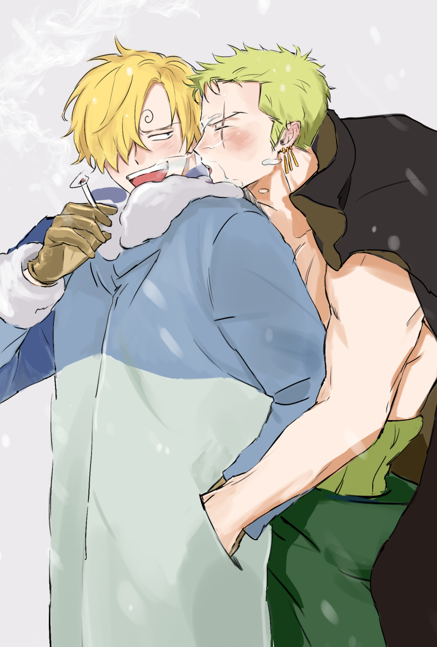 2boys blonde_hair breath cigarette cold curly_eyebrows earrings facial_hair green_hair hair_over_one_eye highres holding holding_cigarette jewelry male_focus multiple_boys nine_hundred one_piece open_mouth pants roronoa_zoro sanji_(one_piece) scar short_hair smile smoking straw_hat_pirates winter winter_clothes winter_uniform yaoi