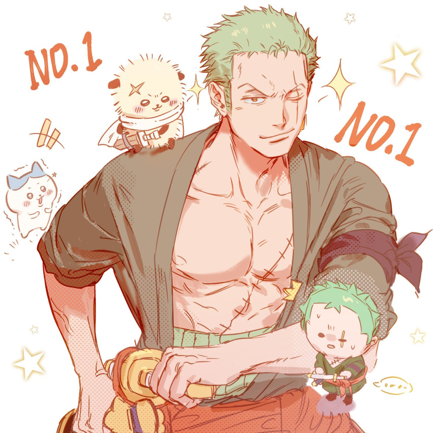 1boy bandana_around_arm chibi chibi_inset earrings green_hair highres jewelry long_sideburns looking_at_viewer male_focus one_piece open_clothes roronoa_zoro scar scar_across_eye scar_on_chest scar_on_face short_hair sideburns smile solo sword weapon ynnn_m