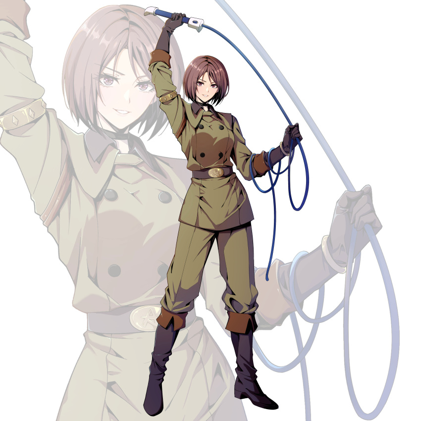 1girl absurdres armlet black872233196 black_choker black_footwear black_gloves bracelet brown_hair buttons choker double-breasted elbow_gloves full_body gloves highres holding holding_whip jewelry kuromorimine_military_uniform looking_at_viewer military_uniform parted_lips short_hair solo standing the_king_of_fighters the_king_of_fighters_xv uniform whip whip_(kof) zoom_layer