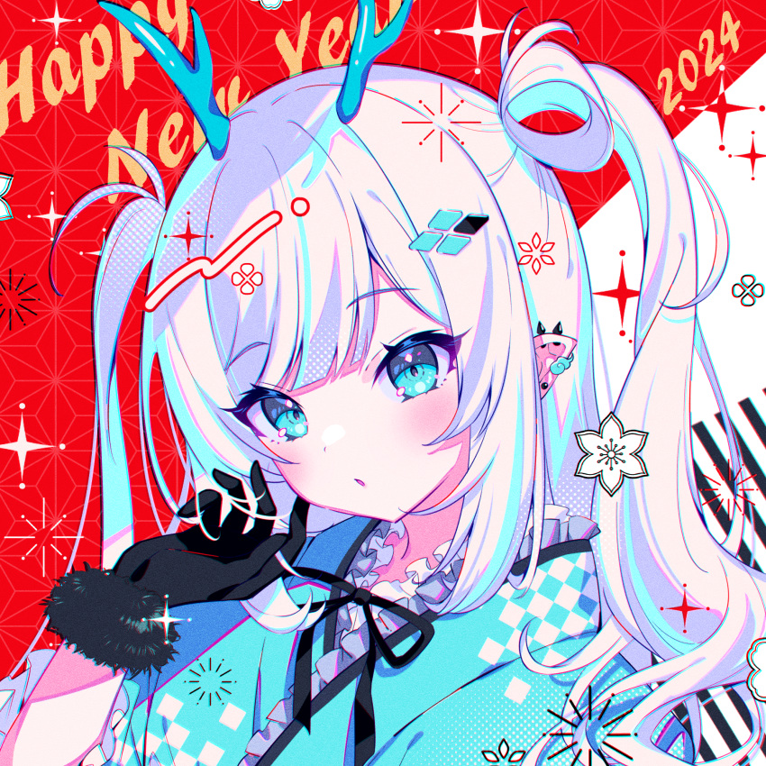 1girl 2024 :o asa_no_ha_(pattern) black_gloves blue_eyes blue_hair blue_kimono blush colored_inner_hair commentary diamond_hair_ornament dragon_girl dragon_horns earrings eyelashes flower_(symbol) frilled_kimono frills fur-trimmed_gloves fur_trim gloves hair_ornament happy_new_year highres horns japanese_clothes jewelry kimono looking_at_viewer multicolored_hair multiple_earrings new_year original pointy_ears portrait red_background solo sparkle tatejima_uri two-tone_background two_side_up upper_body white_background white_hair