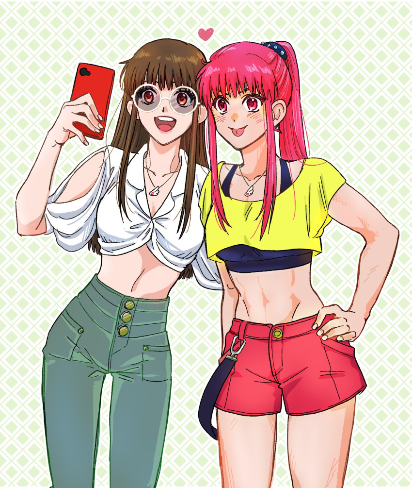 2girls alternate_hairstyle black_sports_bra breasts brown_eyes brown_hair casual commentary_request cropped_shirt groin hakubi_roka01 high-waist_pants highres jewelry konjiki_no_gash!!_2 medium_breasts midriff multiple_girls necklace open_mouth oumi_megumi pants pink_eyes pink_hair ponytail red_shorts selfie short_shorts shorts sidelocks smile sports_bra tio_(konjiki_no_gash!!) tongue tongue_out