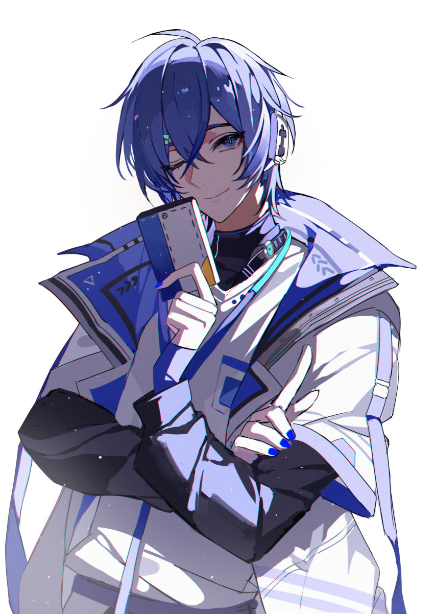 1boy absurdres backlighting black_shirt blue_eyes blue_hair blue_nails coat commentary earpiece english_commentary hand_up highres holding kaito_(vocaloid) kazenemuri long_sleeves looking_at_viewer male_focus nail_polish one_eye_closed open_clothes open_coat shirt short_hair simple_background smile solo vest vocaloid white_background white_coat white_vest