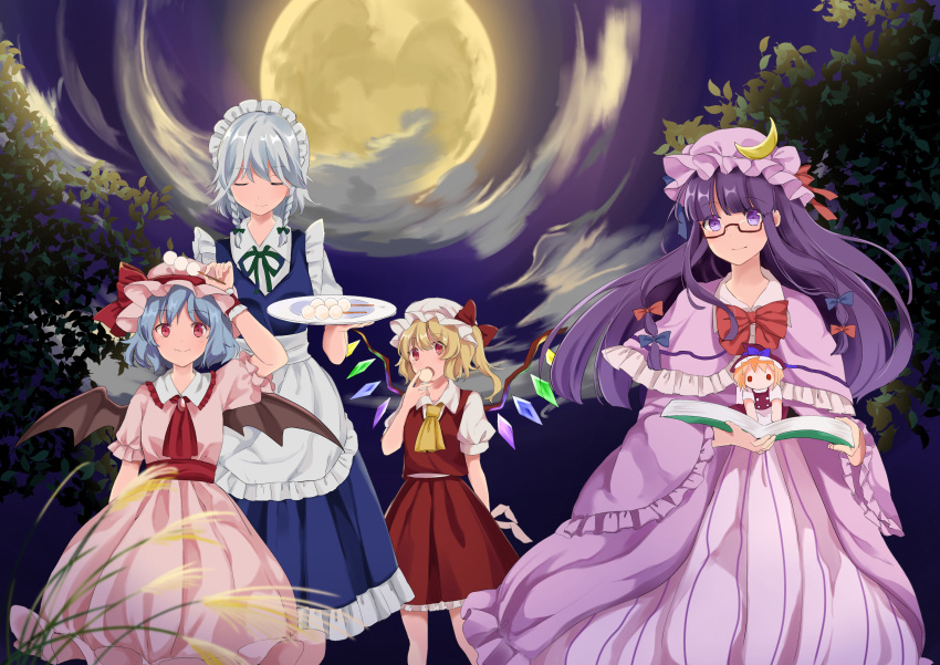 4girls absurdres apron ascot bat_wings black_wings blonde_hair blue_hair blue_skirt blue_vest book bow bowtie braid brooch capelet closed_eyes closed_mouth clouds cloudy_sky collared_shirt commentary_request crescent crescent_hat_ornament crystal dango dress feet_out_of_frame flandre_scarlet food frilled_apron frilled_shirt_collar frilled_skirt frilled_sleeves frills full_moon glasses green_ribbon grey_hair hand_on_headwear hat hat_bow hat_ornament hat_ribbon highres holding holding_book holding_plate izayoi_sakuya jewelry kirisame_marisa long_hair long_sleeves looking_at_viewer maid maid_headdress medium_hair mini_person minigirl mob_cap moon multicolored_wings multiple_girls neck_ribbon night night_sky open_book open_mouth outdoors patchouli_knowledge pink_capelet pink_dress pink_headwear pink_shirt pink_skirt plate puffy_short_sleeves puffy_sleeves purple_hair purple_headwear red_ascot red_bow red_bowtie red_brooch red_eyes red_ribbon red_skirt red_vest remilia_scarlet ribbon shirt short_sleeves skirt skirt_set sky striped striped_dress tegral_(tegral_0510) touhou tree twin_braids vertical-striped_dress vertical_stripes vest violet_eyes wagashi waist_apron white_apron white_headwear white_shirt wide_sleeves wings witch_hat wrist_cuffs yellow_ascot