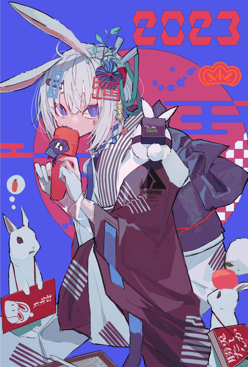 1girl 2023 animal_ears carrot character_request copyright_request food fruit full_body gloves hair_ornament highres japanese_clothes new_year orange_(fruit) partially_fingerless_gloves purple_background rabbit rabbit_ears rabbit_girl simple_background solo squatting tosiyu3617 violet_eyes white_gloves