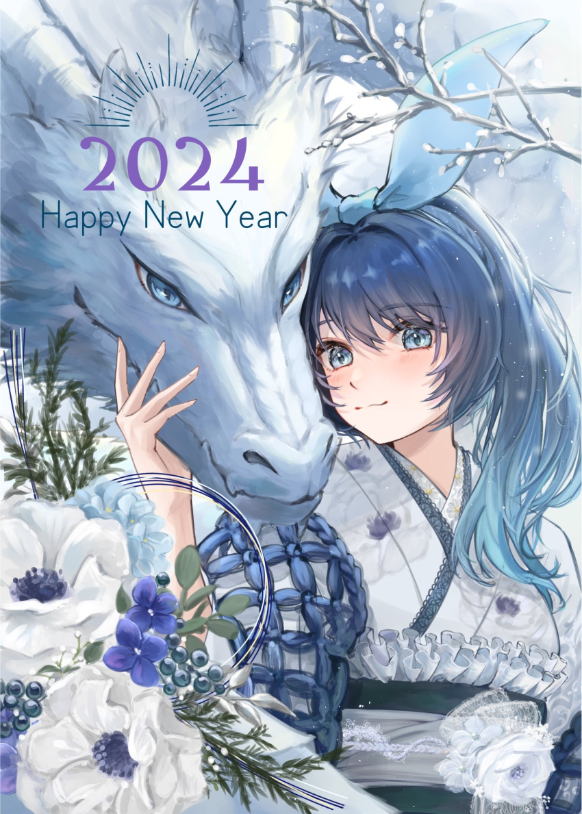 1girl 2024 blue_eyes blue_hair chinese_zodiac dragon flower happy_new_year highres japanese_clothes kimono medium_hair new_year pan_to_honey smile snow snowing solo upper_body year_of_the_dragon