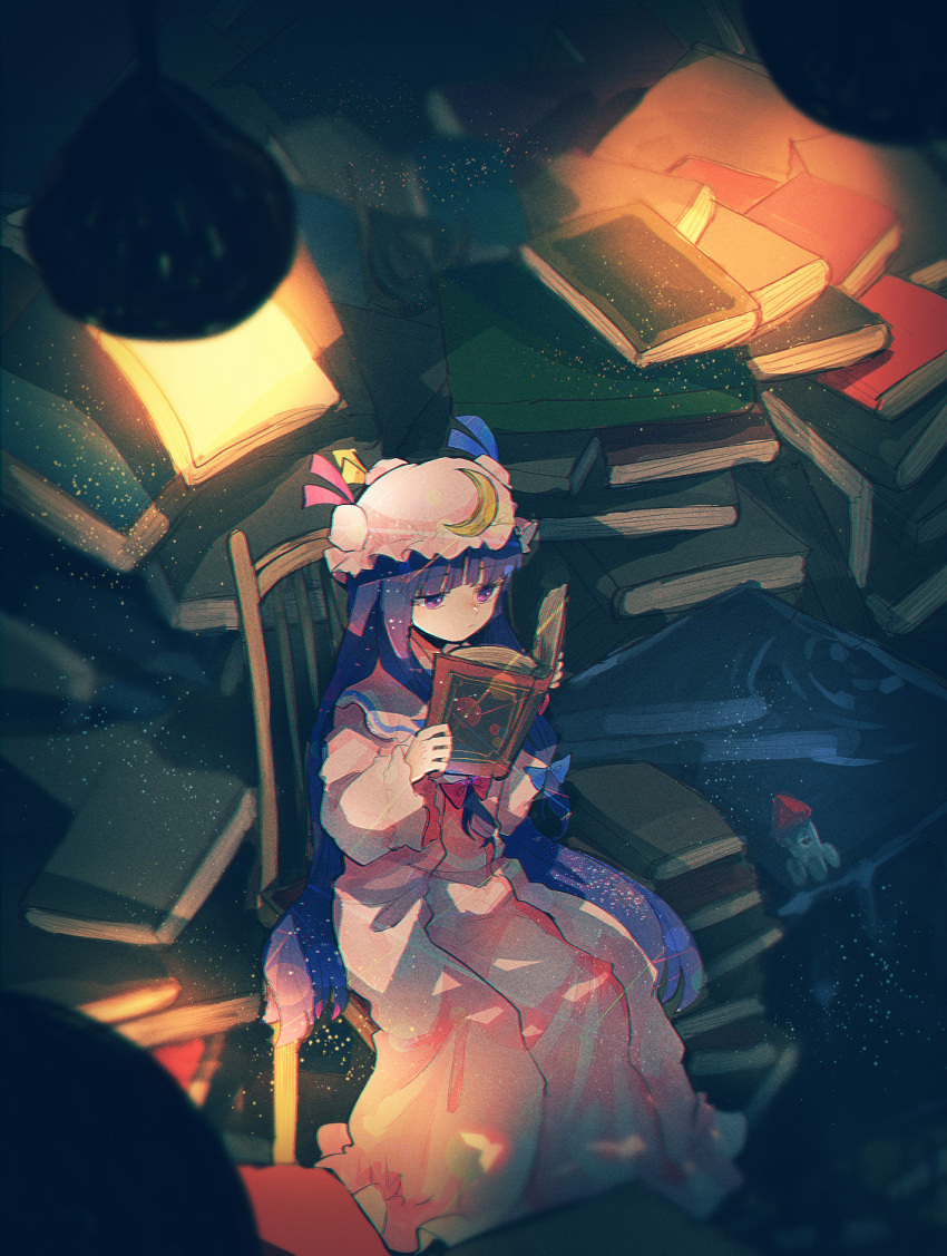 1girl book book_stack bun_cover capelet chair crescent crescent_hair_ornament crescent_hat_ornament double_bun dress feet_out_of_frame frilled_robe full_body hair_bun hair_ornament hat hat_ornament hat_ribbon highres holding holding_book itomugi-kun library long_hair long_sleeves mob_cap on_chair open_book patchouli_knowledge pink_capelet pink_dress pink_headwear pink_robe purple_hair reading ribbon robe sidelocks sitting solo touhou violet_eyes wide_sleeves