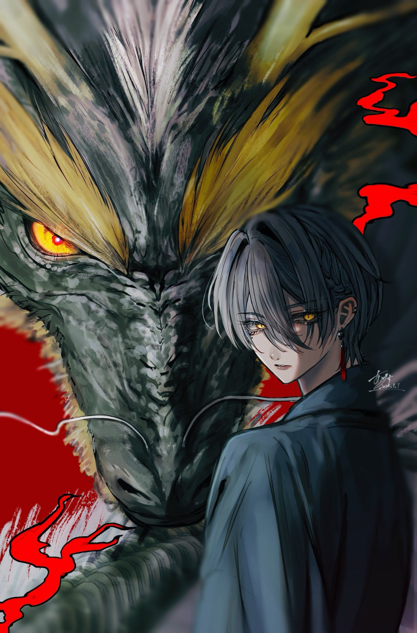 1boy black_hair black_shirt character_request chinese_zodiac copyright_request dragon earrings eggggg_iris from_behind highres jewelry looking_at_viewer new_year red_background shirt short_hair year_of_the_dragon yellow_eyes