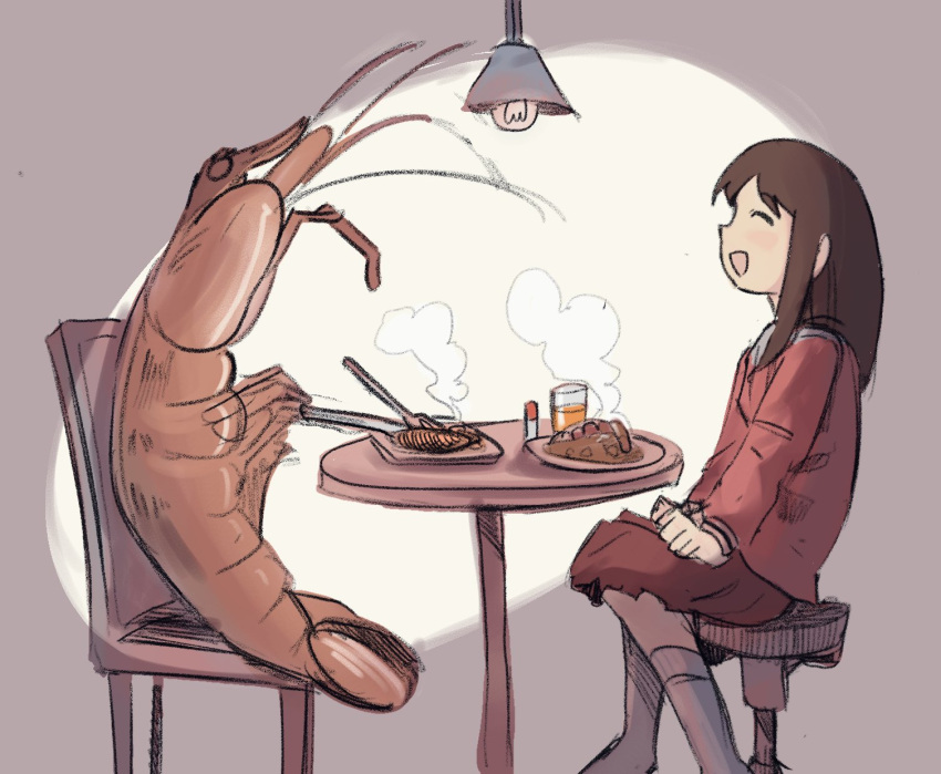 1girl :d animal azumanga_daioh blazer brown_hair brown_skirt chair closed_eyes commentary cup cutlery english_commentary food from_side highres jacket kasuga_ayumu lamp long_sleeves medium_hair miniskirt on_chair on_stool open_mouth oversized_animal plate potsato red_jacket shrimp sidelocks simple_background sitting skirt smile socks stool two-tone_background white_socks