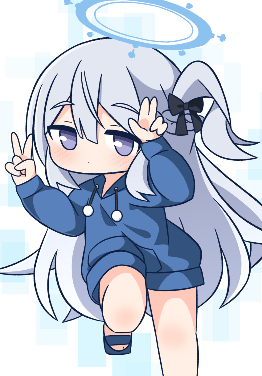 1girl blue_archive blue_footwear blue_hoodie blush braid chibi closed_mouth commentary_request double_v feet_out_of_frame grey_background grey_hair hair_between_eyes halo hana_kazari hands_up highres hood hood_down hoodie long_hair long_sleeves looking_at_viewer miyako_(blue_archive) one_side_up puffy_long_sleeves puffy_sleeves sandals solo thick_eyebrows v very_long_hair violet_eyes