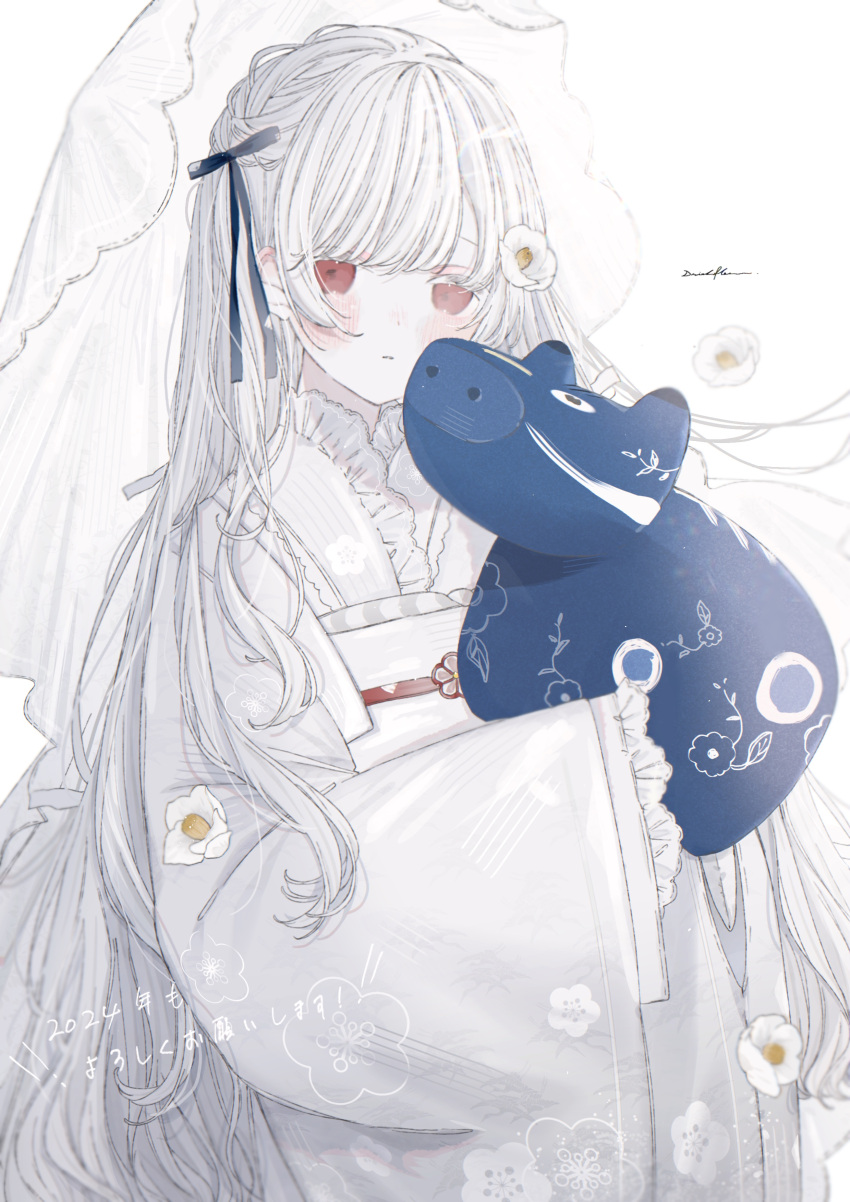 1girl absurdres blue_ribbon character_request copyright_request driedflower flower hair_flower hair_ornament highres japanese_clothes long_hair new_year obi red_eyes ribbon sash simple_background solo upper_body white_background white_hair