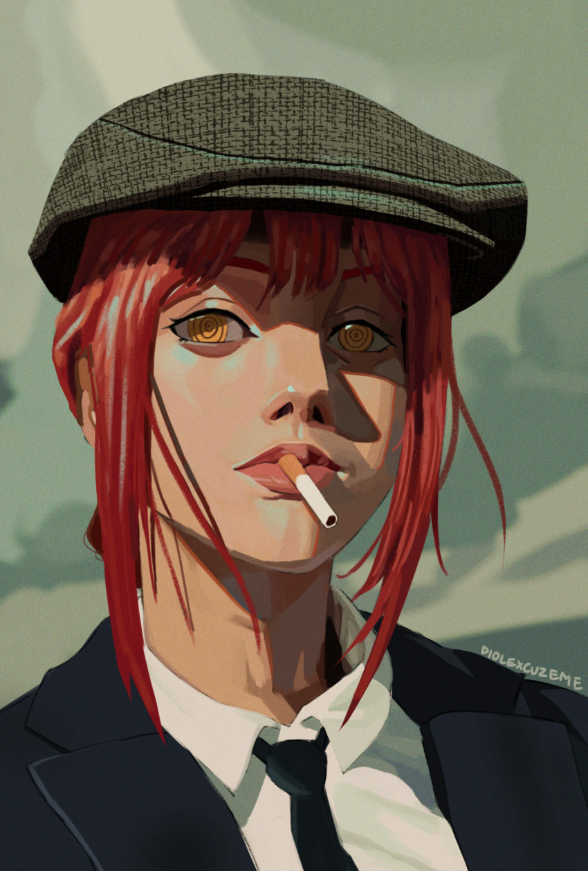 1girl black_necktie business_suit chainsaw_man cigarette close-up collared_shirt diolexcuzeme formal highres long_hair looking_at_viewer makima_(chainsaw_man) necktie office_lady parody peaky_blinders redhead ringed_eyes shirt sidelocks solo suit white_shirt yellow_eyes