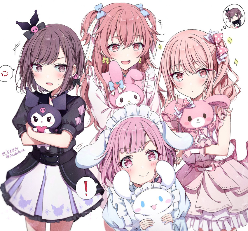 ! 4girls akiyama_mizuki anger_vein black_dress black_hair bow brown_eyes brown_hair do_while02 dress fang hair_bow highres holding holding_stuffed_toy hugging_object kuromi looking_at_another looking_at_viewer multiple_girls my_melody onegai_my_melody open_mouth pink_dress pink_eyes pink_hair pink_skirt project_sekai rabbit sanrio shinonome_ena short_sleeves sidelocks simple_background skirt smile speech_bubble star_(symbol) stuffed_animal stuffed_toy sweat thought_bubble twintails white_background white_skirt