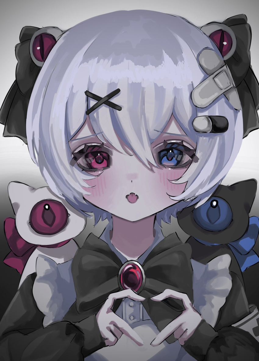 1girl bad_hands bandaid bandaid_on_head black_bow black_bowtie black_cat black_ribbon blue_eyes blush bow bowtie brooch cat crossed_bandaids eye_hair_ornament fangs hair_between_eyes hair_ornament hair_ribbon heart heart_hands heterochromia highres jewelry long_sleeves one-eyed original pill_hair_ornament ribbon shiona_(siona0625) short_hair solo straight-on tongue tongue_out upper_body violet_eyes white_cat x_hair_ornament