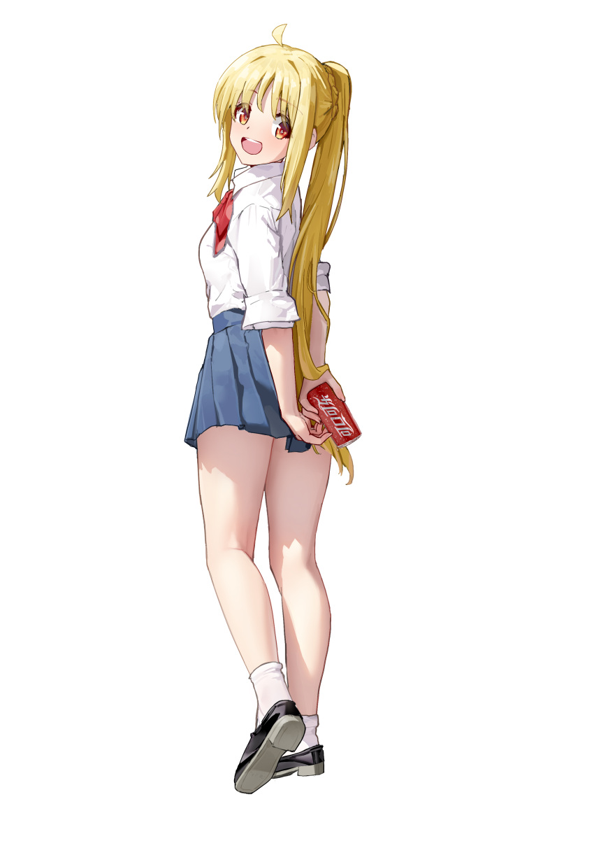 1girl :d absurdres arms_behind_back black_footwear blonde_hair blue_skirt bocchi_the_rock! bow bright_pupils can chinese_commentary coca-cola collared_shirt commentary from_behind full_body hair_between_eyes happy highres holding holding_can ijichi_nijika liwen520 long_hair long_sleeves looking_at_viewer looking_back miniskirt open_mouth pleated_skirt red_bow red_eyes round_teeth school_uniform shirt shoes side_ponytail sidelocks simple_background skirt sleeves_rolled_up smile socks solo standing straight_hair tareme teeth upper_teeth_only very_long_hair white_background white_shirt white_socks