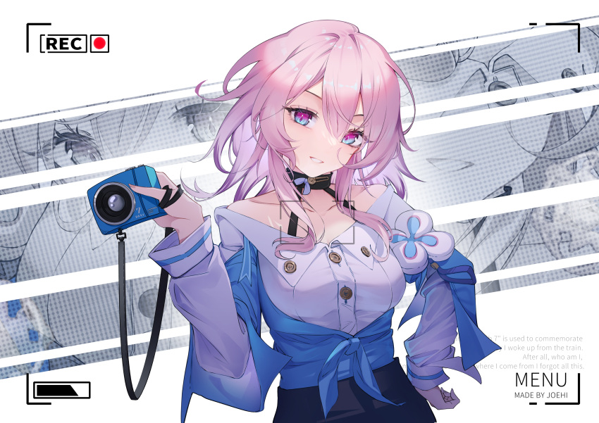 1girl absurdres artist_name black_choker blue_eyes breasts buttons camera chinese_commentary choker collarbone commentary_request dress_shirt english_text flower_ornament hair_between_eyes highres holding holding_camera honkai:_star_rail honkai_(series) jacket joehi long_sleeves looking_at_viewer march_7th_(honkai:_star_rail) medium_breasts medium_hair pink_eyes pink_hair polka_dot recording shirt smile solo tied_jacket two-tone_eyes underbust white_shirt zoom_layer
