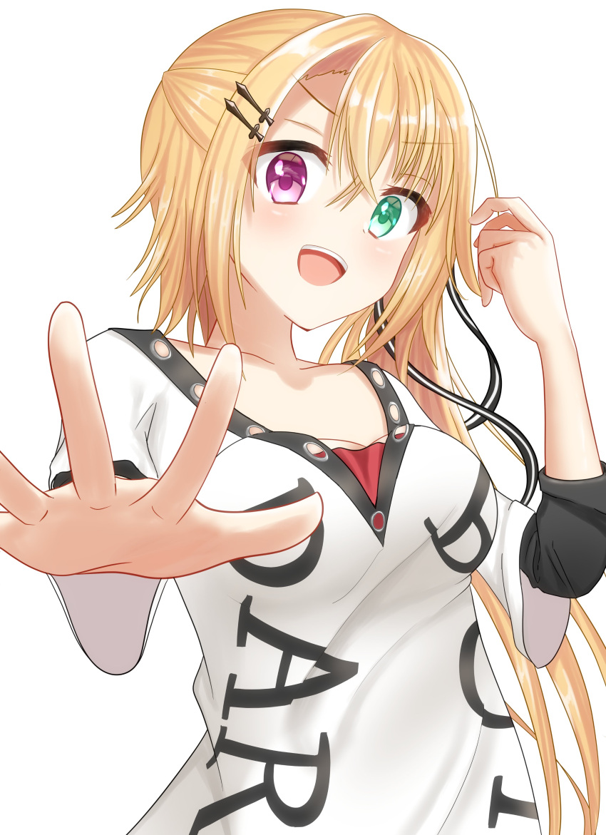 1girl :d absurdres black_ribbon blonde_hair blush breasts casual chuunibyou clothes_writing collarbone commentary crossed_bangs fzwprhf3aj45658 green_eyes hair_between_eyes hair_ornament hair_ribbon hairclip hand_up heterochromia highres long_hair looking_at_viewer medium_breasts oogaki_hinata open_hand open_mouth otome_domain ribbon shirt short_sleeves side_ponytail simple_background smile solo teeth upper_body upper_teeth_only v-shaped_eyebrows very_long_hair violet_eyes white_background white_shirt