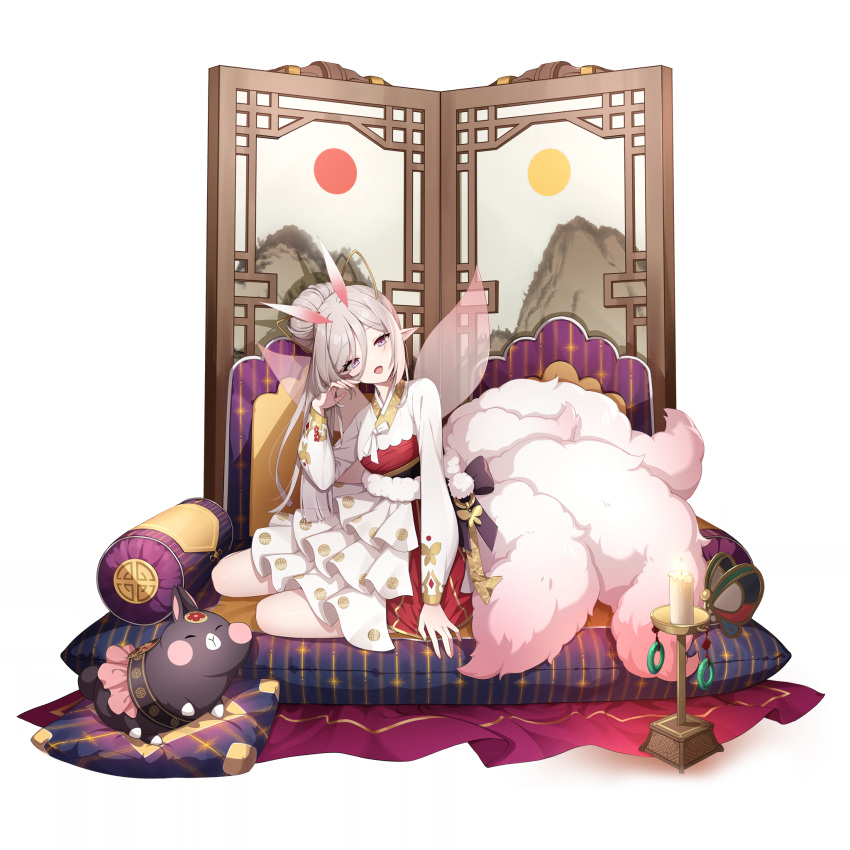 1girl :d animal asymmetrical_bangs candle couch dress eversoul fairy_wings fake_tail frilled_skirt frills full_body game_cg hair_between_eyes hair_bun hanbok hand_in_own_hair highres korean_clothes long_sleeves looking_at_viewer naiah_(eversoul) non-web_source official_alternate_costume official_alternate_hairstyle official_art on_couch pointy_ears rabbit single_hair_bun sitting sitting_sideways skirt sleepy smile solo tachi-e tail thighs transparent_background violet_eyes wings