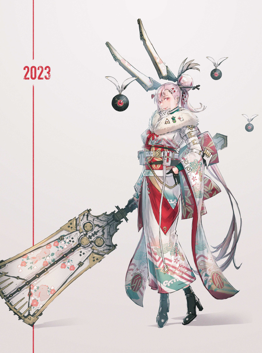 1girl 2023 absurdres animal_ears arm_strap black_gloves boots buckle chinese_zodiac detached_ears floral_print full_body fur-trimmed_kimono fur_trim glaive_(polearm) gloves grey_background hair_bun high_heel_boots high_heels highres holding holding_weapon japanese_clothes kimono multicolored_hair nengajou new_year non-humanoid_robot obi original pink_hair polearm ponytail pouch print_kimono rabbit_ears red_eyes redhead ribbed_sweater robot robot_ears sash science_fiction simple_background streaked_hair sweater tokiki_(tomok1) weapon year_of_the_rabbit