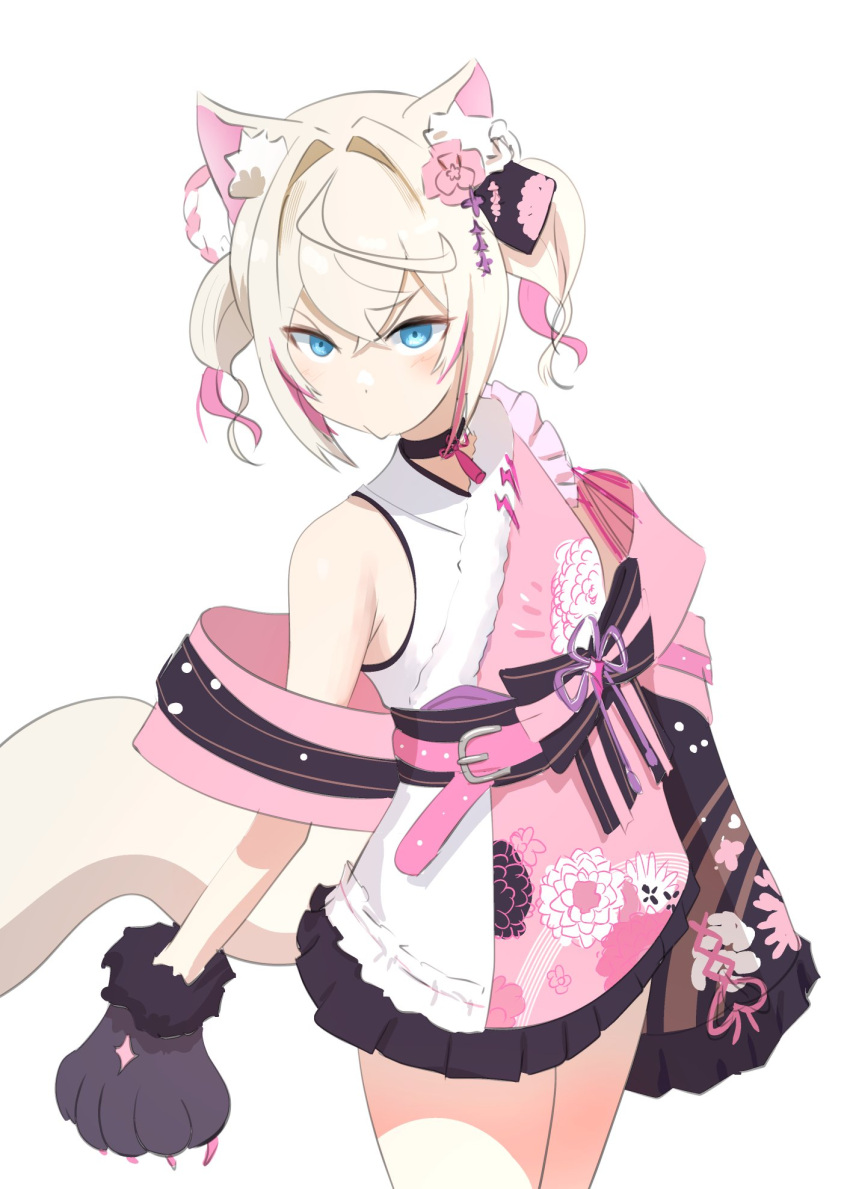 1girl angelchama animal_ear_fluff animal_ears animal_hands blonde_hair blue_eyes blush dog_ears dog_girl dog_paws dog_tail floral_print_kimono flower hair_flower hair_ornament highres hololive hololive_english japanese_clothes kimono looking_at_viewer medium_hair mococo_abyssgard mococo_abyssgard_(new_year) official_alternate_costume pink_hair pink_kimono short_kimono solo tail twintails virtual_youtuber white_background