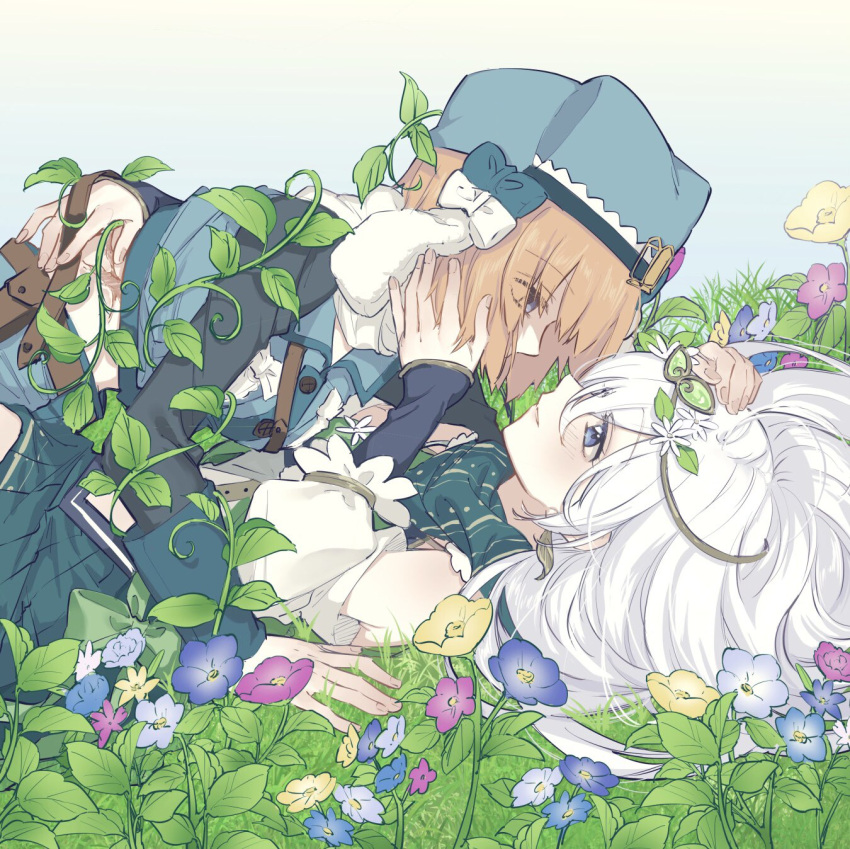 2girls aoba_chika bare_shoulders belt_pouch black_shirt blue_bow blue_eyes blue_flower blue_headwear blue_sky blue_vest blush bow breast_pocket buttons commentary_request detached_sleeves eyes_visible_through_hair field flower flower_field fur_hat green_scarf green_shirt green_skirt hand_on_another's_cheek hand_on_another's_face hand_on_another's_head hand_rest hat head_wreath highres layered_sleeves long_hair looking_at_another lying magia_record:_mahou_shoujo_madoka_magica_gaiden magical_girl mahou_shoujo_madoka_magica midriff_peek miniskirt miura_asahi multiple_girls multiple_hat_bows on_back on_grass on_person orange_hair overgrown pink_flower plant pleated_skirt pocket pouch scar scar_on_stomach scarf shirt short_hair shoulder_strap skirt sky sleeve_cuffs smile upper_body ushanka very_long_hair vest vines white_hair yellow_flower yukishiro_(hitsuji) yuri