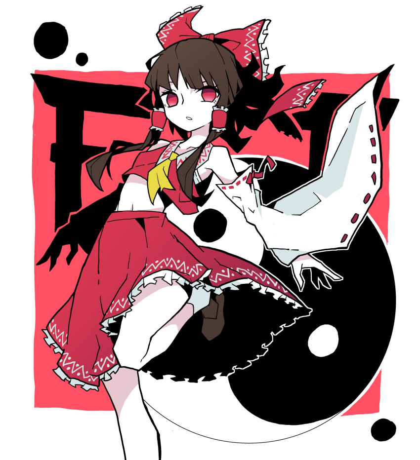 akableak ascot belly border bow brown_footwear brown_hair detached_sleeves frilled_bow frilled_hair_tubes frilled_skirt frills hair_bow hair_tubes hakurei_reimu highres leg_up looking_at_viewer medium_hair nontraditional_miko open_mouth red_background red_bow red_eyes red_shirt red_skirt red_vest ribbon shirt shoes sidelocks skirt sleeveless touhou vest white_background white_border white_sleeves wide_sleeves yellow_ascot yellow_ribbon yin_yang