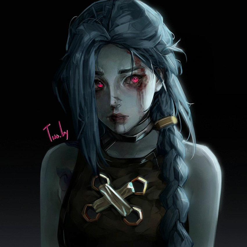 1girl arcane:_league_of_legends arcane_jinx artist_name asymmetrical_bangs bare_shoulders black_background blood blood_on_face braid brown_shirt closed_mouth green_hair grey_background hair_ornament highres jinx_(league_of_legends) league_of_legends long_hair looking_at_viewer nosebleed shirt solo two.by