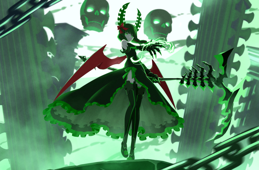 1girl 32zzz black_dress black_horns black_rock_shooter black_thighhighs bow chain claws dead_master dress electricity floating_skull frilled_dress frills green_dress green_eyes green_hair hair_bow highres holding holding_scythe horns red_bow red_ribbon red_wings ribbon scythe side_slit sidelocks sleeveless sleeveless_dress thigh-highs wings