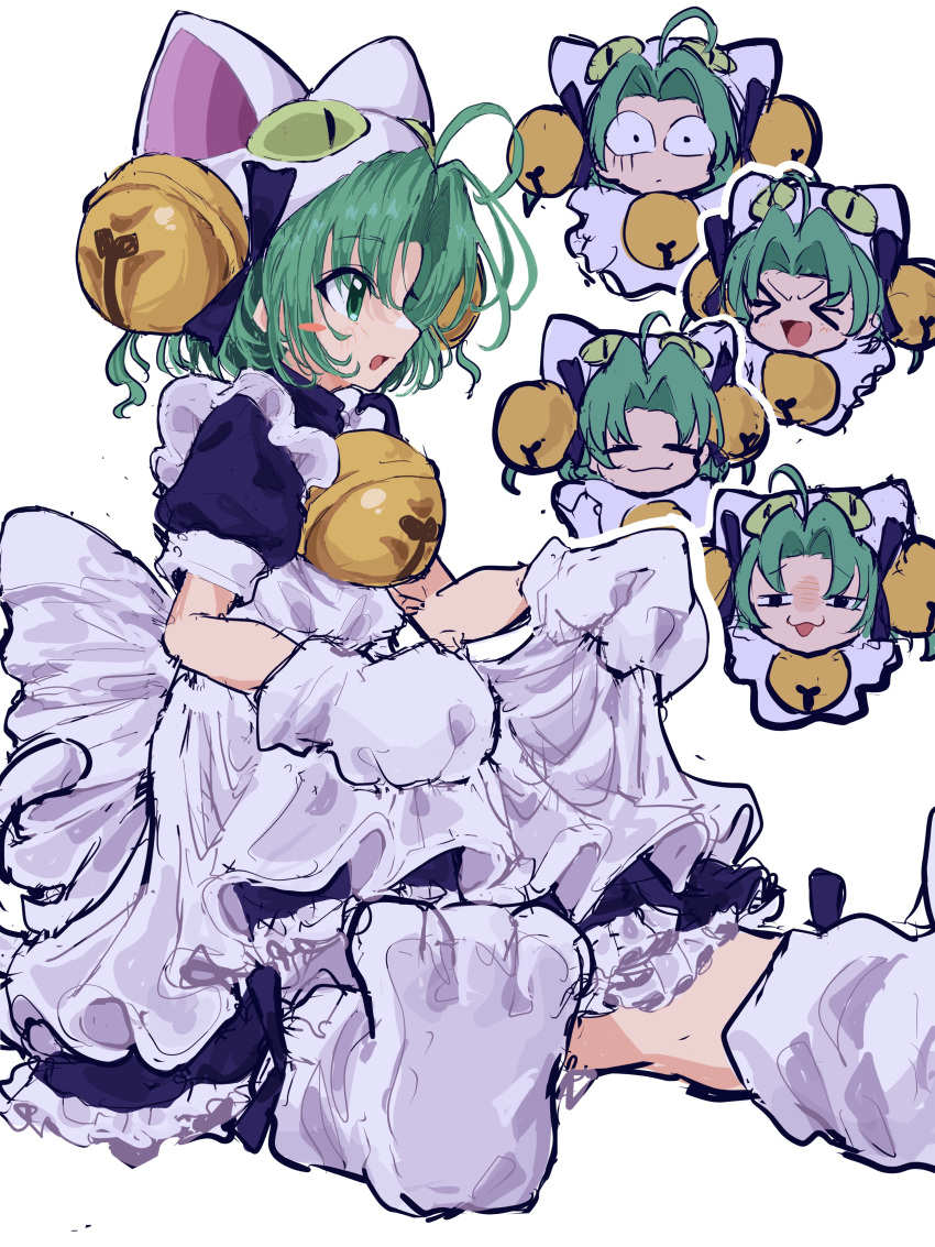 &gt;_&lt; 1girl :3 absurdres ahoge animal_hands animal_hat apron apron_hold bell black_eyes blue_dress blush blush_stickers cat_hat chibi chibi_inset constricted_pupils curtained_hair dejiko di_gi_charat dress expressionless furrowed_brow gloves green_eyes green_hair hair_bell hair_ornament half-closed_eyes hat highres jingle_bell maid mugi_(mugimugi_9kv) multiple_views neck_bell outstretched_legs paw_gloves paw_shoes puffy_short_sleeves puffy_sleeves short_hair short_sleeves sitting smile smug two_side_up white_apron white_background white_footwear white_gloves wide-eyed