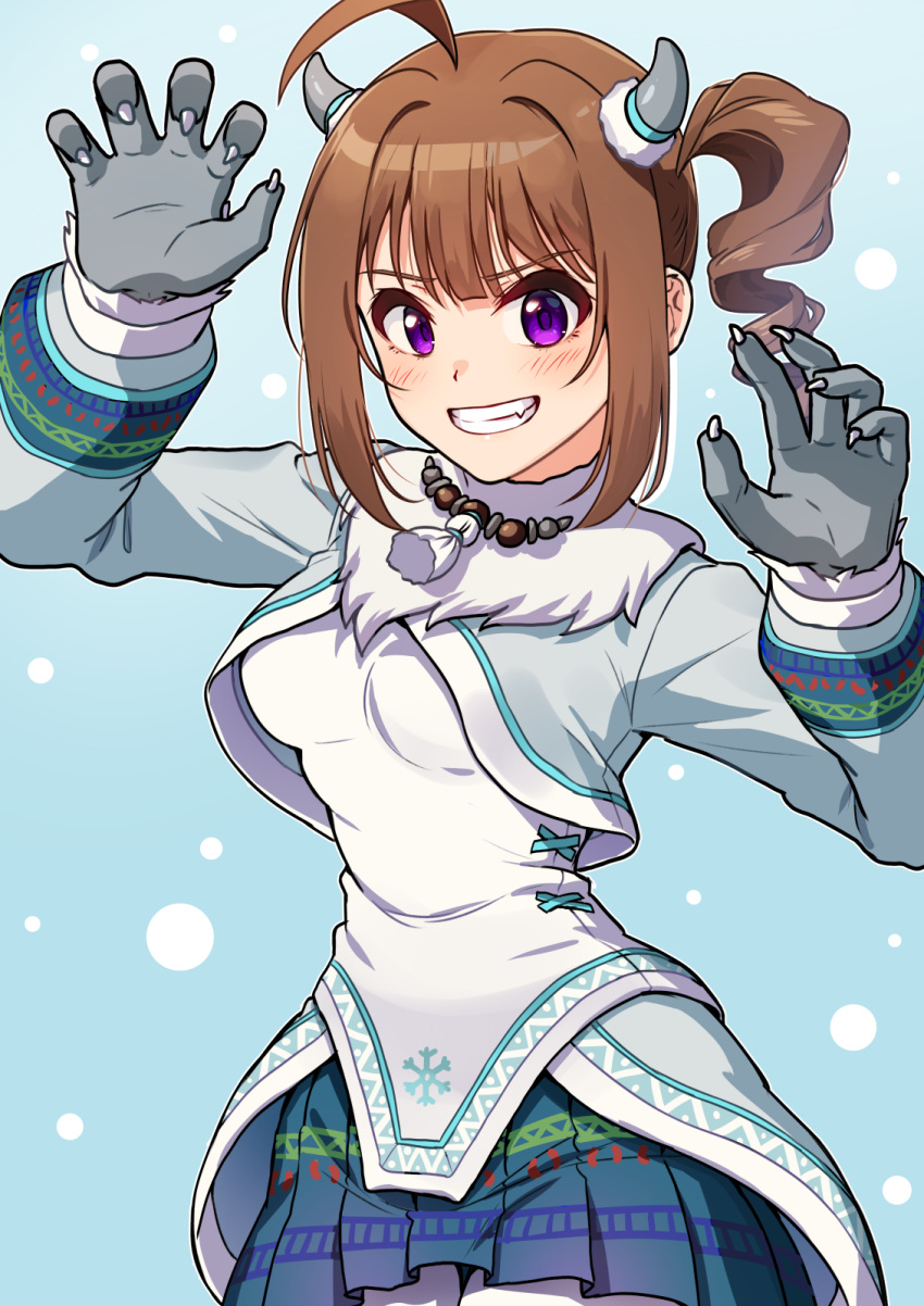 1girl ahoge blue_skirt blush breasts brown_hair claw_pose claws commentary drill_hair drill_ponytail fake_claws fake_horns fang fang_out gloves grey_gloves grey_horns grey_jacket grin highres horns idolmaster idolmaster_million_live! idolmaster_million_live!_theater_days jacket kamille_(vcx68) long_sleeves looking_at_viewer medium_hair miniskirt pleated_skirt revision shirt shrug_(clothing) side_drill side_ponytail sidelocks skirt smile solo standing teeth violet_eyes white_shirt yeti_costume yokoyama_nao
