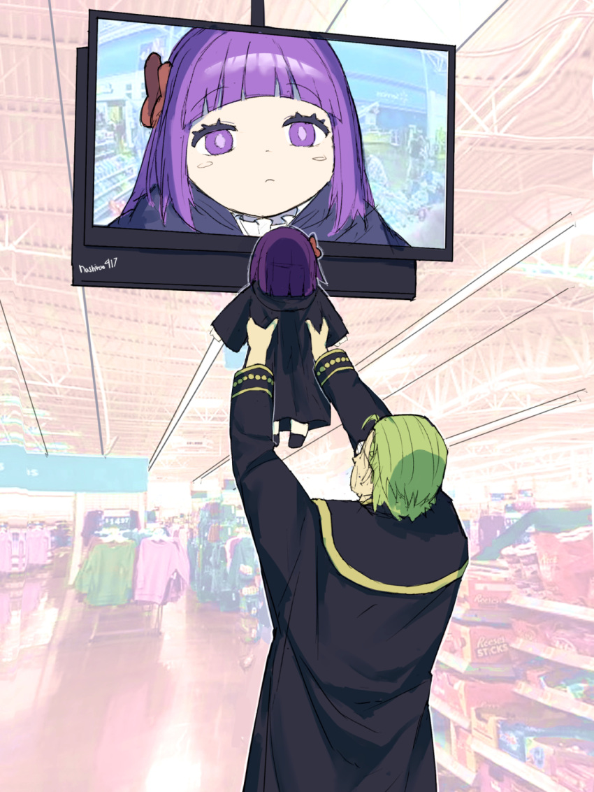 1boy 1girl absolutely_losing_it_over_this_picture_of_my_brother_with_his_baby_(meme) black_dress black_jacket black_shirt blush_stickers bow child dress fern_(sousou_no_frieren) frown glasses green_hair hair_bow heiter highres indoors jacket long_sleeves medium_hair meme monitor nashiroo417 purple_hair red_bow security_camera shelf shirt shop sousou_no_frieren television violet_eyes wooden_floor