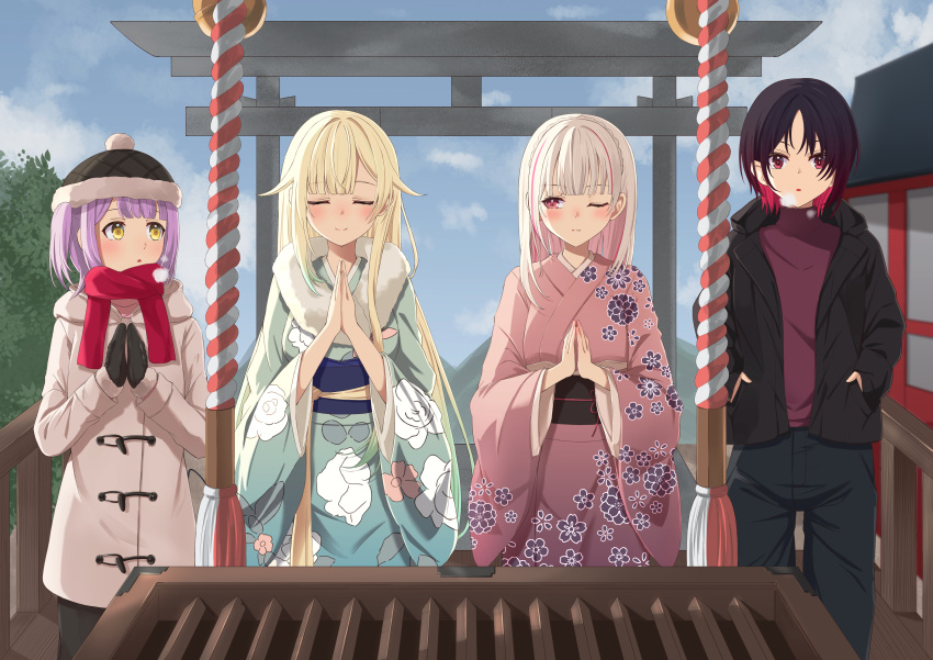4girls :o absurdres aizawa_ema asumi_sena black_gloves black_hair black_headwear black_jacket black_pants blonde_hair blue_kimono blunt_bangs box braid breath closed_eyes clouds coat colored_inner_hair crown_braid day donation_box floral_print fur-trimmed_headwear fur_trim gloves gradient_kimono grey_hair hair_flaps hands_in_pockets hatsumoude highres jacket japanese_clothes ju_ki_a kimono kisaragi_ren_(vtuber) long_hair long_sleeves looking_at_another looking_to_the_side mountain multicolored_hair multiple_girls new_year obi one_eye_closed open_clothes open_jacket outdoors palms_together pants parted_bangs pink_hair pink_kimono praying print_kimono purple_hair purple_sweater railing red_eyes red_scarf redhead sash scarf shinomiya_runa short_hair shrine shrine_bell smile sweater torii tree turtleneck turtleneck_sweater twintails very_long_hair virtual_youtuber vspo! white_coat wide_sleeves yellow_eyes