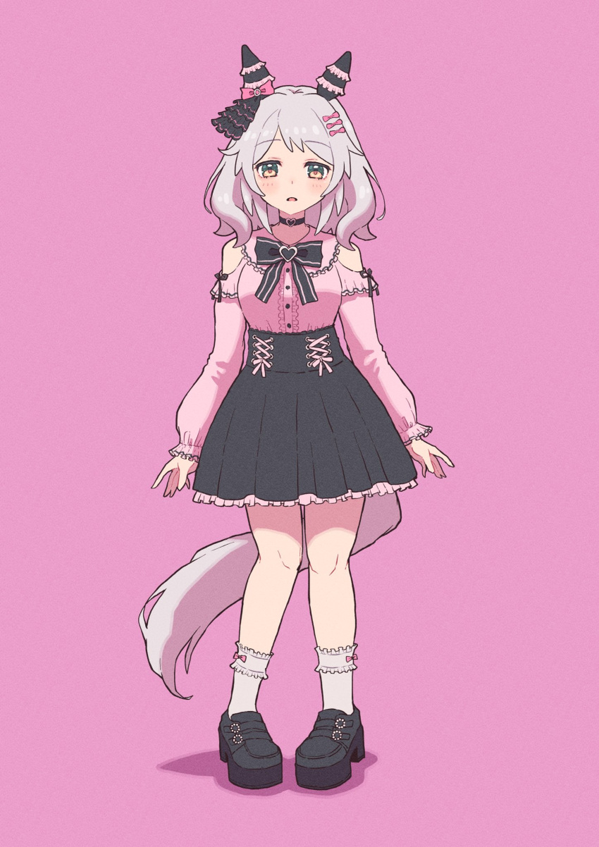1girl alternate_costume animal_ears blush breasts brown_eyes grey_hair hair_ornament hairclip highres hishi_miracle_(umamusume) horse_ears horse_girl horse_tail looking_at_viewer medium_breasts medium_hair nenbutsu_0416 open_mouth pink_background shoes simple_background solo standing tail umamusume