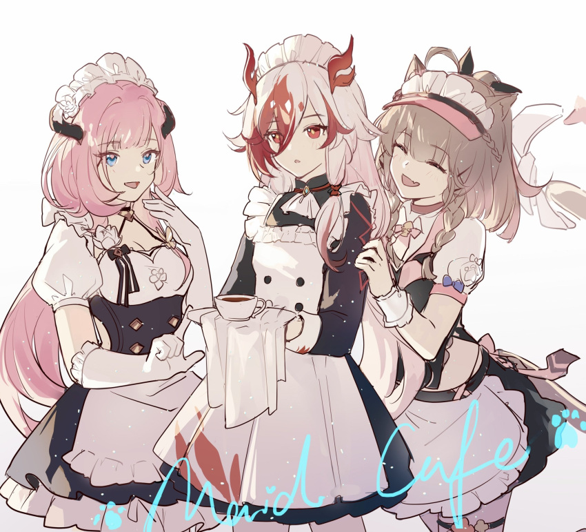 3girls alternate_costume animal_ears apron black_sleeves blue_eyes breasts cat_ears cat_girl chinese_clothes closed_eyes commentary_request cup elysia_(honkai_impact) elysia_(miss_pink_elf)_(honkai_impact) english_text fu_hua fu_hua_(garuda) gloves hair_between_eyes hand_on_another's_shoulder highres holding honkai_(series) honkai_impact_3rd light_brown_hair long_hair looking_at_another maid maid_apron maid_headdress medium_hair mug multiple_girls official_alternate_costume open_mouth pardofelis_(honkai_impact) pink_hair qqqne red_eyes redhead simple_background small_breasts upper_body white_background white_gloves white_hair white_sleeves