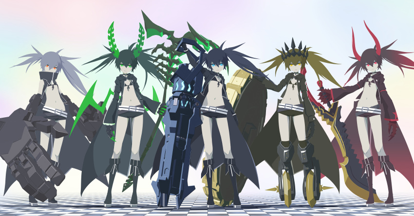 32zzz arm_cannon bikini bikini_top_only black_bikini black_footwear black_gold_saw black_gold_saw_(cosplay) black_jacket black_rock_shooter black_shorts boots chariot_(black_rock_shooter) chariot_(black_rock_shooter)_(cosplay) claws cosplay crown dead_master dead_master_(cosplay) demon_horns gauntlets gradient_hair green_eyes green_horns green_wings grey_hair highres holding holding_cannon holding_scythe holding_sword holding_weapon horns huge_weapon jacket long_hair long_sleeves mechanical_arms mechanical_legs multicolored_hair open_clothes open_jacket orange_eyes red_eyes red_horns redhead rock_cannon scythe short_shorts shorts strength_(black_rock_shooter) strength_(black_rock_shooter)_(cosplay) swimsuit sword twintails uneven_twintails weapon wheel wings yellow_eyes