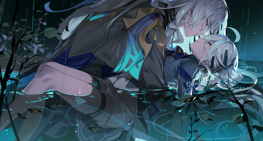 1boy 1girl absurdres ahoge ascot black_ascot black_gloves blue_hair blue_jacket closed_eyes furina_(genshin_impact) genshin_impact gloves hair_between_eyes hand_on_another's_head highres jacket leaf legs light_blue_hair long_hair looking_at_another mona0101 multicolored_hair neuvillette_(genshin_impact) outdoors parted_lips rain red_pupils shorts sidelocks streaked_hair two-tone_hair violet_eyes water water_drop wet wet_clothes wet_hair white_ascot white_eyes white_hair white_shorts