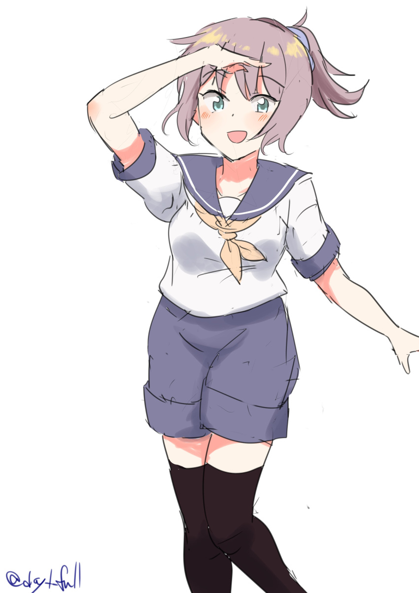 1girl absurdres aoba_(kancolle) black_thighhighs blue_eyes blue_scrunchie feet_out_of_frame highres kantai_collection neckerchief one-hour_drawing_challenge open_mouth ponytail purple_hair purple_sailor_collar purple_shorts robinson_(day_l_full) sailor_collar sailor_shirt school_uniform scrunchie serafuku shirt short_hair shorts simple_background smile solo thigh-highs twitter_username white_background white_shirt yellow_neckerchief