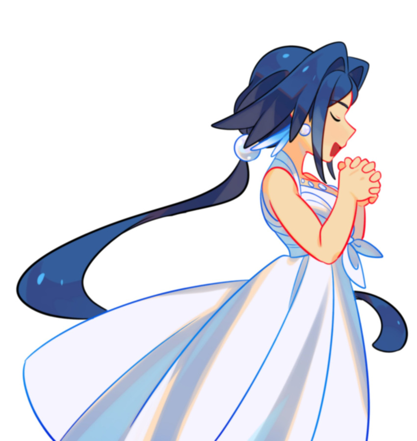 1girl blue_hair breasts closed_eyes commentary_request constellor dress earrings from_side highres jewelry long_dress long_hair medium_breasts odele_starlor open_mouth original own_hands_clasped own_hands_together ponytail smile solo very_long_hair white_dress