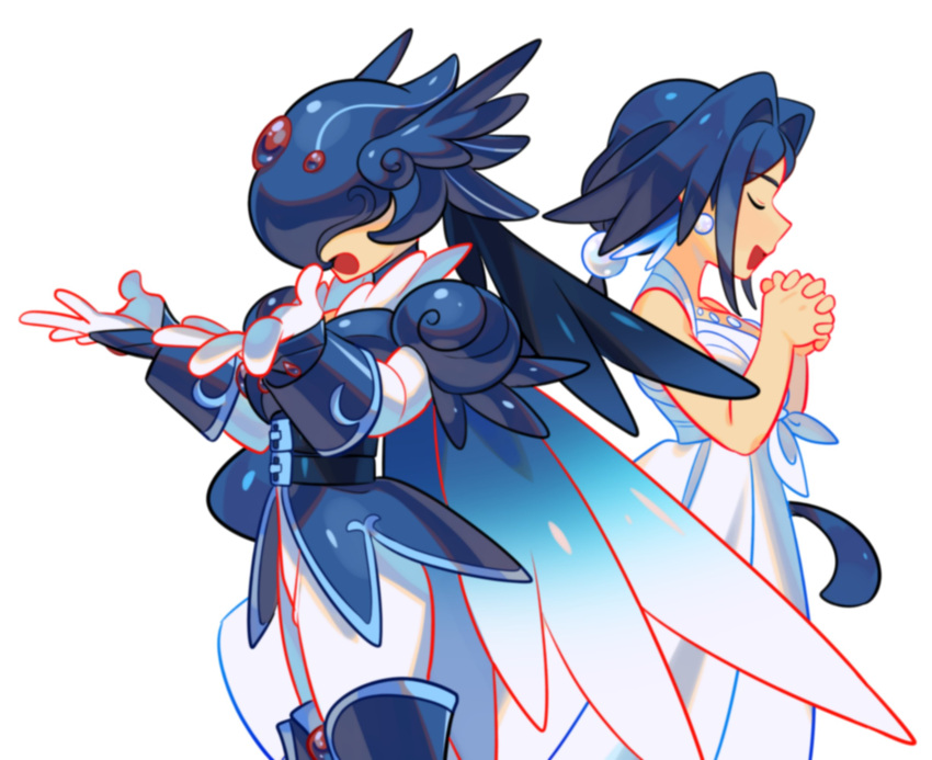 1girl 1other armor azure_songbird blue_eyes closed_eyes commentary constellor dress earrings hair_bobbles hair_ornament helmet highres jewelry odele_starlor open_mouth original own_hands_clasped own_hands_together pants ponytail smile white_dress white_pants wings