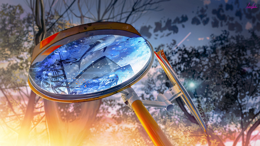 absurdres banishment blue_sky branch building clouds commentary_request evening fantasy fish highres no_humans original power_lines scenery signature sky star_(sky) starry_sky sunset traffic_mirror tree utility_pole whale