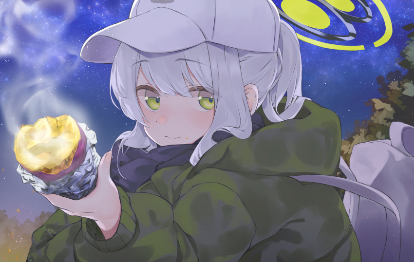 1girl absurdres backpack bag blue_archive blush closed_mouth food green_eyes green_jacket grey_hair halo hare_(blue_archive) hare_(camp)_(blue_archive) hat heimu_(heim_kstr) highres holding holding_food hood hood_down hooded_jacket jacket long_hair long_sleeves looking_at_viewer ponytail solo sweet_potato upper_body white_headwear