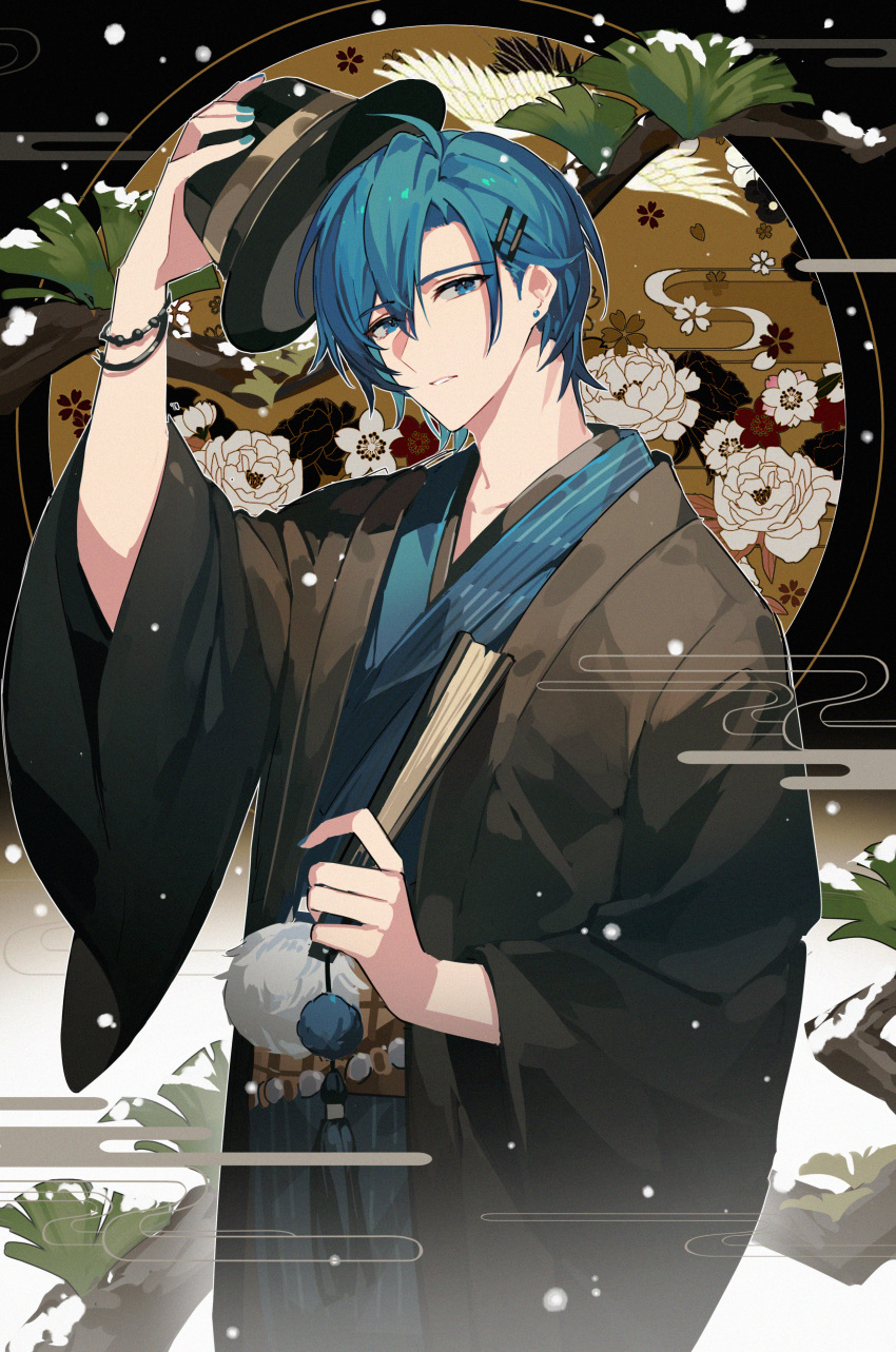 1boy absurdres black_headwear black_jacket blue_eyes blue_hair blue_kimono bracelet commentary cowboy_shot floral_background folding_fan gradient_background grey_background hair_ornament hairclip hand_fan hanten_(clothes) highres holding holding_fan jacket japanese_clothes jewelry kaito_(vocaloid) kazenemuri kimono layered_clothes layered_kimono long_sleeves looking_at_viewer male_focus pom_pom_(clothes) removing_hat short_hair solo tree vocaloid