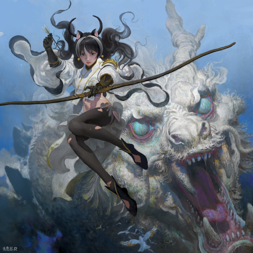 1girl animal_ears ankle_boots arrow_(projectile) asian black_footwear black_gloves black_hair black_horns black_pantyhose blue_background boots bow_(weapon) cat_ears chinese_clothes commentary crop_top dragon eastern_dragon english_commentary gloves highres holding holding_arrow horns jumping long_hair looking_at_viewer multicolored_hair original pantyhose ruanjia serious size_difference solo_focus streaked_hair torn_clothes torn_pantyhose weapon white_hair