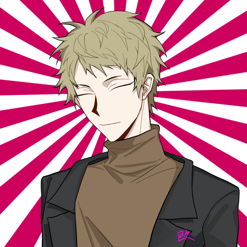 1boy atou_haruki beiquqian black_jacket blonde_hair brown_sweater chinese_commentary closed_eyes closed_mouth commentary_request highres jacket male_focus open_clothes open_jacket portrait saibou_shinkyoku short_hair smile solo sunburst sunburst_background sweater turtleneck turtleneck_sweater