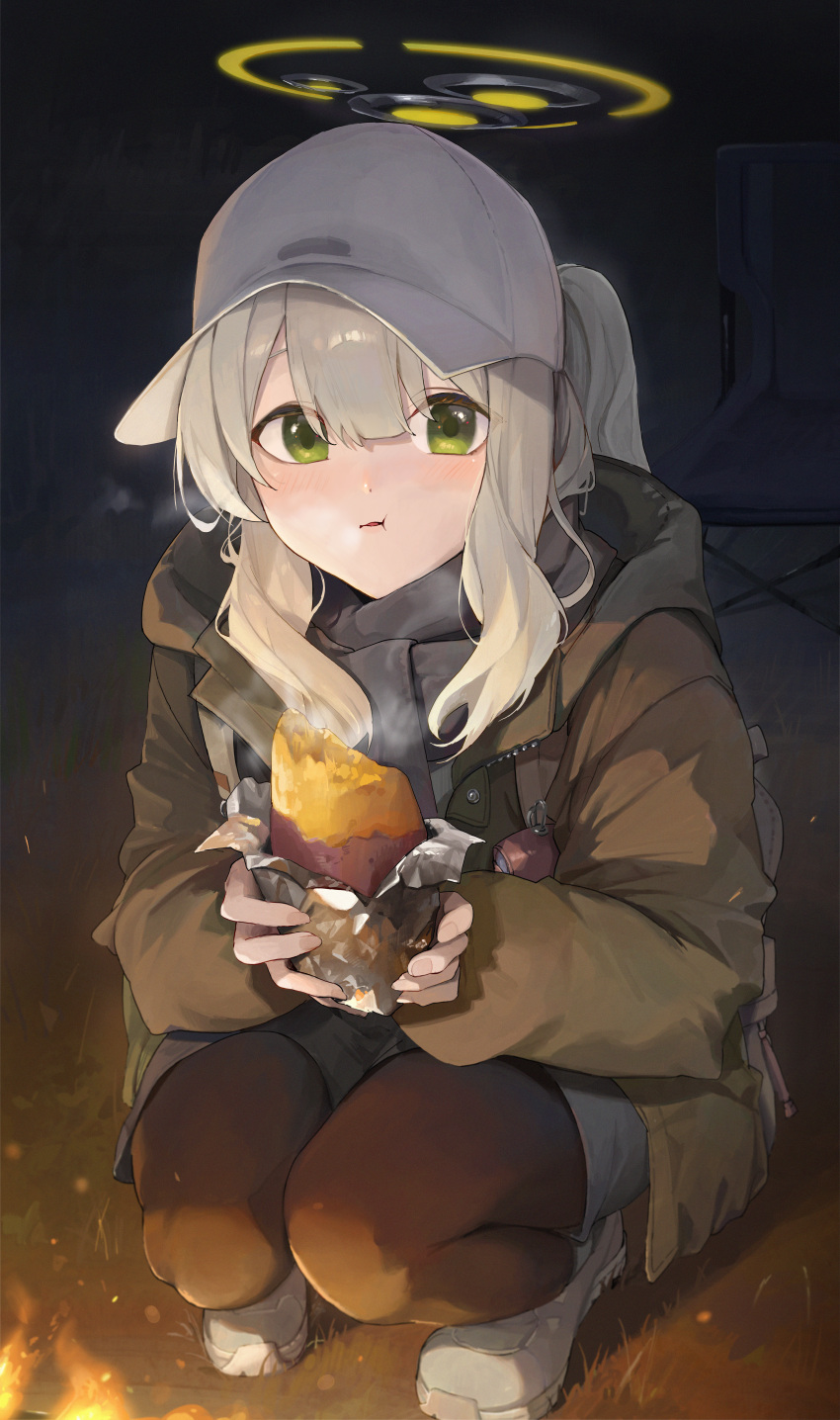 1girl absurdres black_pantyhose black_scarf blue_archive blush chair enokinoko1010 food grass green_eyes green_jacket grey_hair halo hare_(blue_archive) hare_(camp)_(blue_archive) hat highres holding holding_food jacket long_hair long_sleeves looking_at_viewer official_alternate_costume open_mouth outdoors pantyhose ponytail scarf shoes solo squatting sweet_potato white_footwear white_headwear