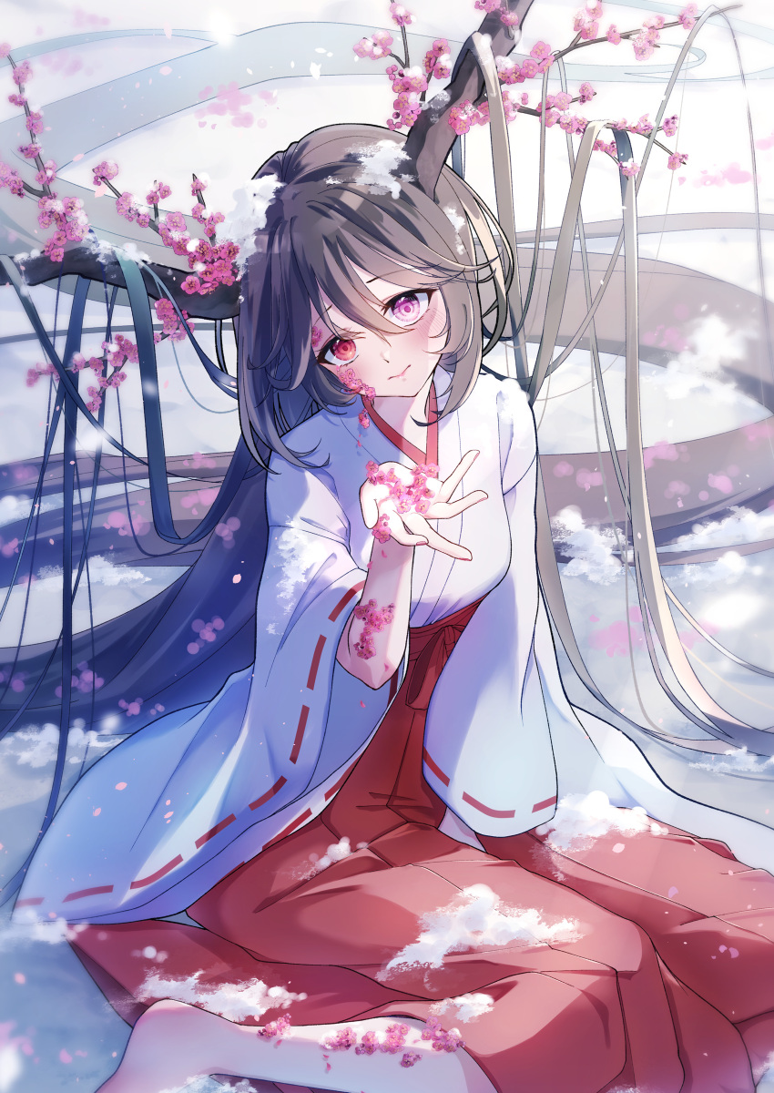 1girl absurdly_long_hair absurdres beckoning black_hair blurry blurry_foreground branch cherry_blossoms closed_mouth crying crying_object flower hair_between_eyes hair_on_horn hakama hakama_skirt head_tilt heterochromia highres holding horns japanese_clothes kimono kuonnekosuki long_hair long_sleeves looking_at_viewer miko open_hand original outdoors outstretched_arm outstretched_hand petals pleated_skirt reaching reaching_towards_viewer red_eyes red_hakama red_skirt sidelocks sitting skirt snow solo tree tree_horns very_long_hair violet_eyes white_kimono wide_sleeves