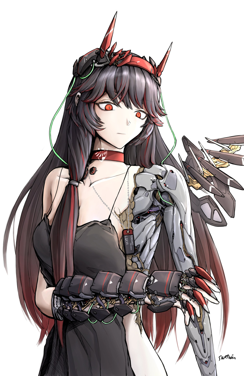 1girl absurdres armored_gloves black_dress black_hair choker closed_mouth dog_tags dress headgear highres horns long_hair lucia_(punishing:_gray_raven) mechanical_arms mechanical_horns mechanical_parts mechanical_wings multicolored_hair punishing:_gray_raven red_choker red_eyes redhead sidelocks signature single_sidelock solo streaked_hair swetrain4 white_background wings