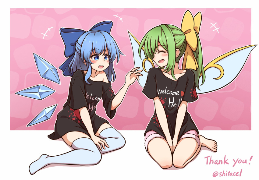 2girls between_legs black_shirt blue_eyes blue_hair bow cirno commentary_request commission daiyousei fairy_wings green_hair hair_bow hand_between_legs highres ice ice_wings medium_hair multiple_girls off-shoulder_shirt off_shoulder ponytail shirt shitacemayo sidelocks sitting skeb_commission t-shirt thigh-highs touhou twitter_username white_thighhighs wings yokozuwari