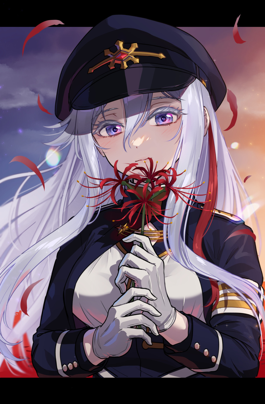 1girl 86_-eightysix- closed_mouth clouds commentary falling_petals floating_hair flower gloves gradient_sky hat highres holding holding_flower kamille_(vcx68) letterboxed long_hair long_sleeves looking_at_viewer military_hat military_uniform multicolored_hair peaked_cap petals red_flower revision sky solo spider_lily streaked_hair uniform upper_body violet_eyes vladilena_millize white_gloves white_hair wind